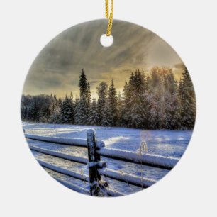 Sunrise on a Winter Pasture in Snow Ceramic Tree Decoration