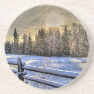 Sunrise on a Winter Pasture in Snow Coaster