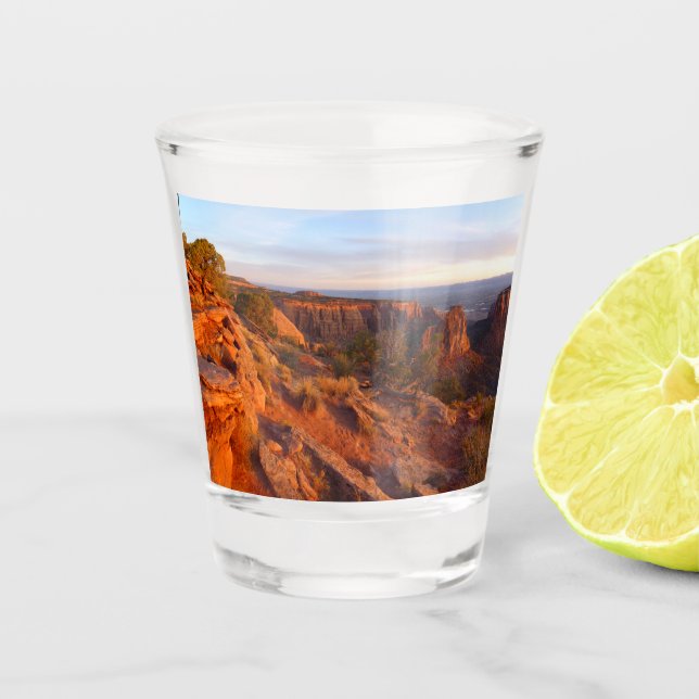 Sunrise on the Grand View Trail at CO Monument Shot Glass (Front)