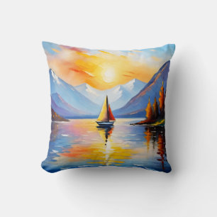 Sunrise over a lake and snow capped mountains cushion