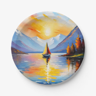 Sunrise over a lake and snow capped mountains paper plate