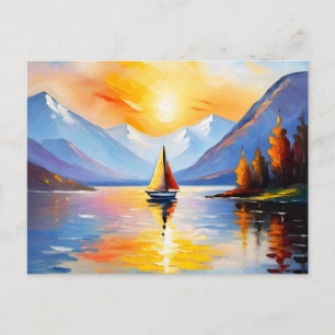Sunrise over a lake and snow capped mountains postcard