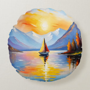Sunrise over a lake and snow capped mountains round cushion