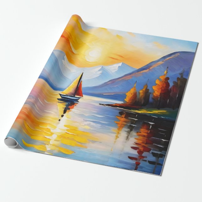 Sunrise over a lake and snow capped mountains wrapping paper (Unrolled)