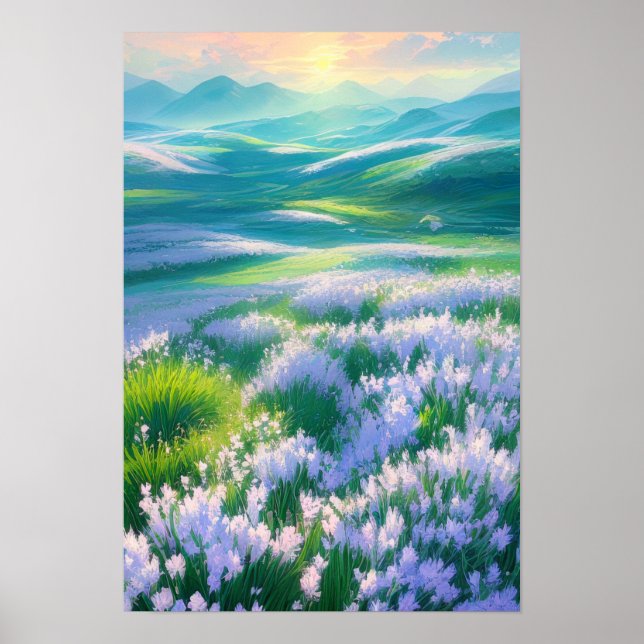 Sunrise Over a Valley of White Flowers Poster (Front)