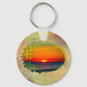 Sunrise Over Atlantic Oval with Flowers Key Ring