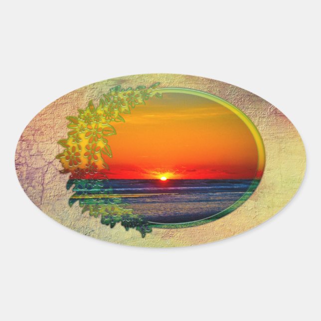 Sunrise Over Atlantic Oval with Flowers Oval Sticker (Front)