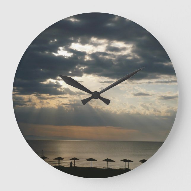 Sunrise over beach in Greece Scenic Seascape Photo Large Clock (Front)