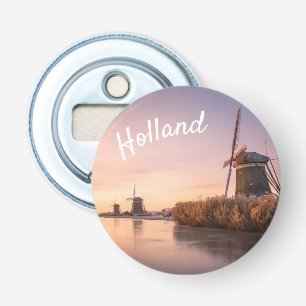 Sunrise over frozen river with windmills and reeds bottle opener