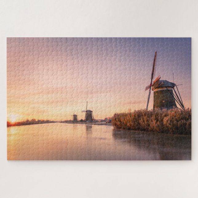 Sunrise over frozen river with windmills and reeds jigsaw puzzle (Horizontal)