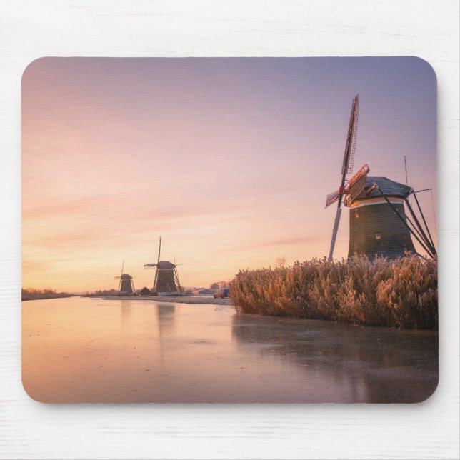 Sunrise over frozen river with windmills and reeds mouse mat (Front)