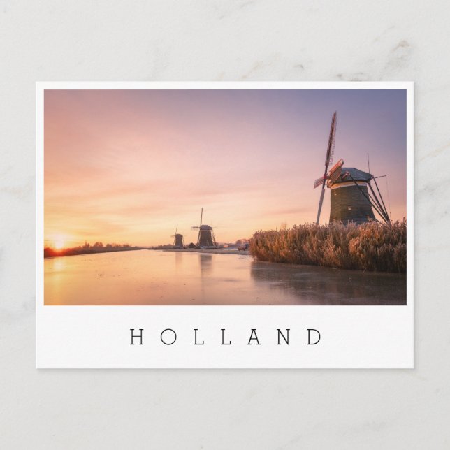Sunrise over frozen river with windmills and reeds postcard (Front)