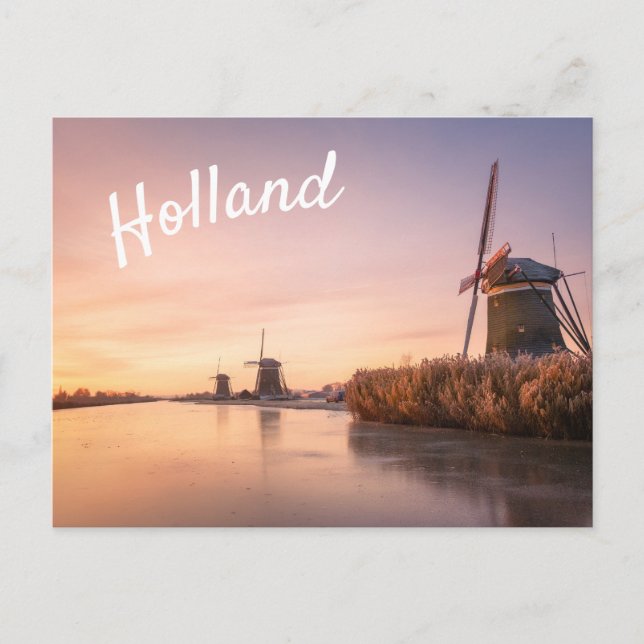 Sunrise over frozen river with windmills and reeds postcard (Front)