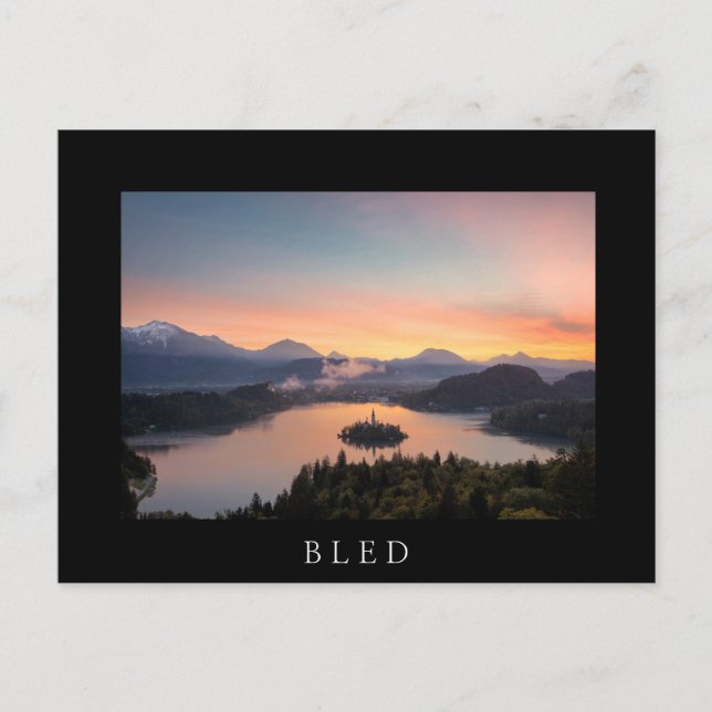 Sunrise over Lake Bled black postcard (Front)