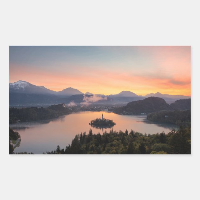 Sunrise over Lake Bled rectangular sticker (Front)