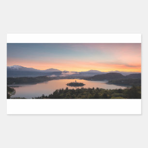 Sunrise over Lake Bled rectangular sticker