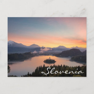 Sunrise over Lake Bled, Slovenia text postcard
