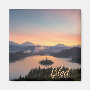 Sunrise over Lake Bled text magnet