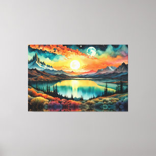 Sunrise over Mountain Lake as Moon sets. Canvas Print