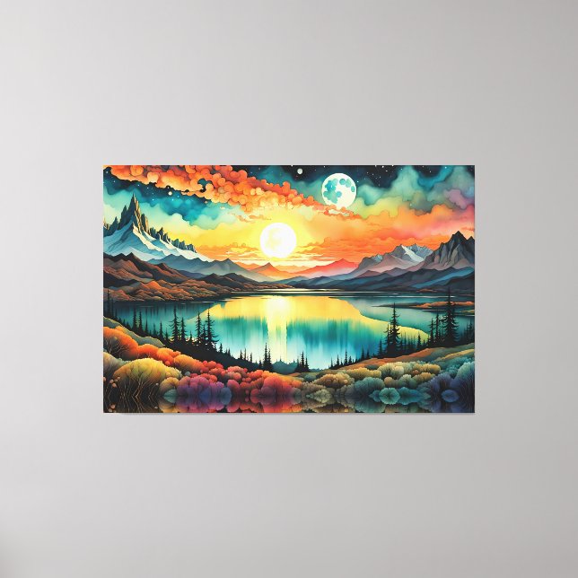 Sunrise over Mountain Lake as Moon sets. Canvas Print (Front)