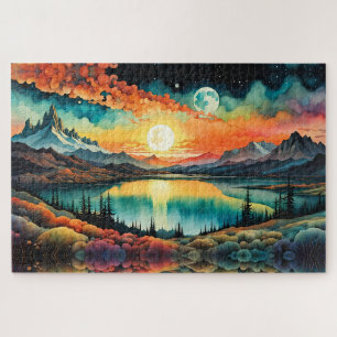Sunrise over Mountain Lake as Moon sets. Jigsaw Puzzle