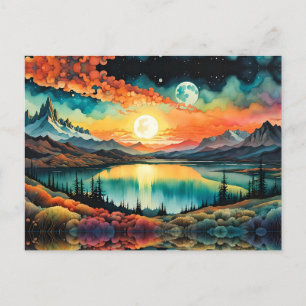 Sunrise over Mountain Lake as Moon sets. Postcard