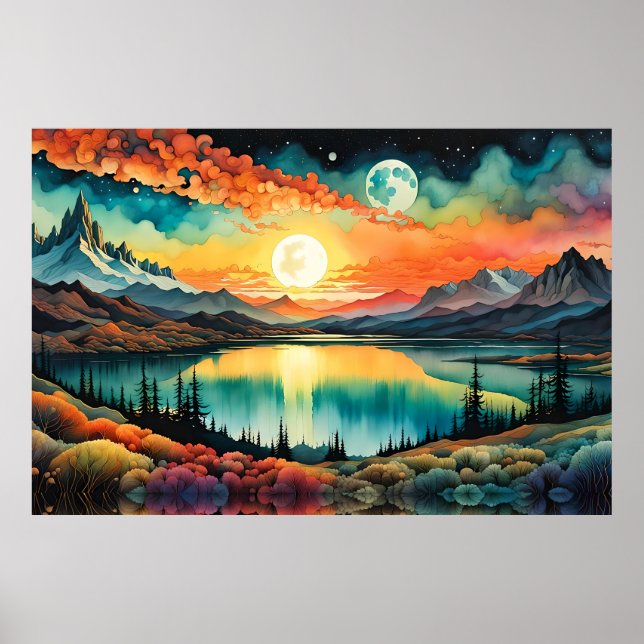 Sunrise over Mountain Lake as Moon sets. Poster (Front)