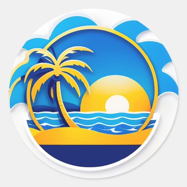 Sunrise Over Ocean Waves Emblem Classic Round Sticker (Front)