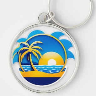Sunrise Over Ocean Waves Emblem Key Ring