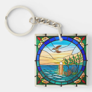Sunrise Over Ocean with Flying Bird Key Ring