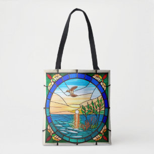 Sunrise Over Ocean with Flying Bird Tote Bag
