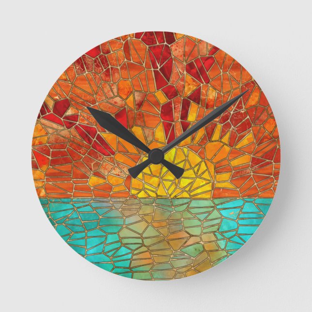 Sunrise over sea mosaic art round clock (Front)