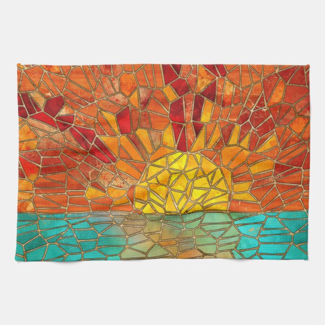 Sunrise over sea mosaic art tea towel (Horizontal)