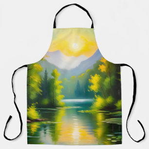 Sunrise over snow covered mountains and lake apron