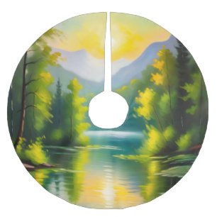 Sunrise over snow covered mountains and lake brushed polyester tree skirt
