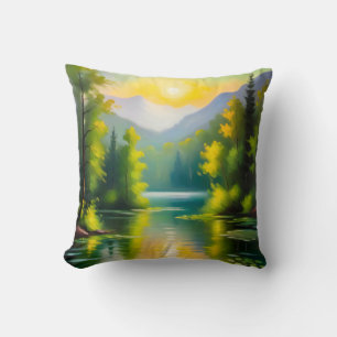 Sunrise over snow covered mountains and lake cushion