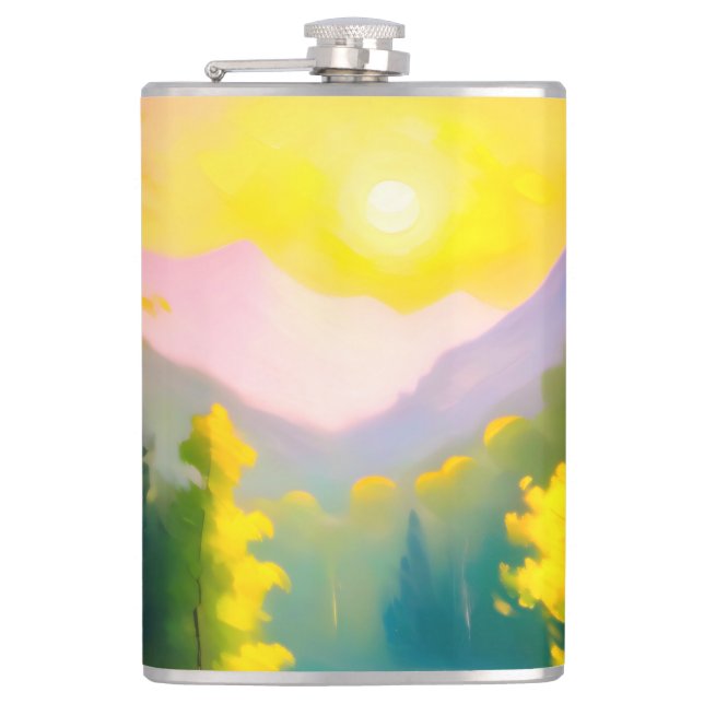 Sunrise over snow covered mountains and lake hip flask (Front)