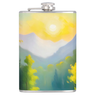 Sunrise over snow covered mountains and lake hip flask