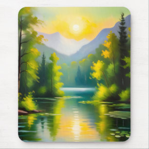 Sunrise over snow covered mountains and lake mouse mat