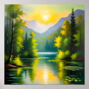 Sunrise over snow covered mountains and lake poster