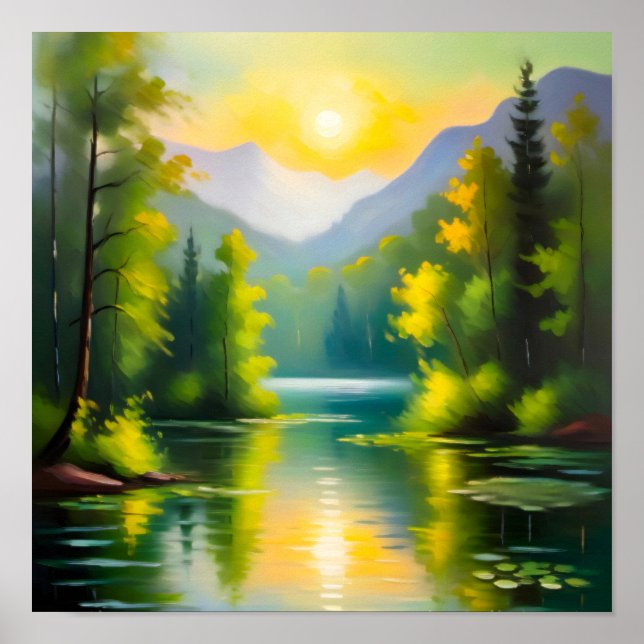 Sunrise over snow covered mountains and lake poster (Front)