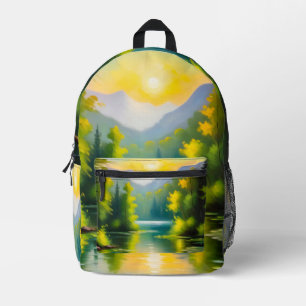 Sunrise over snow covered mountains and lake printed backpack