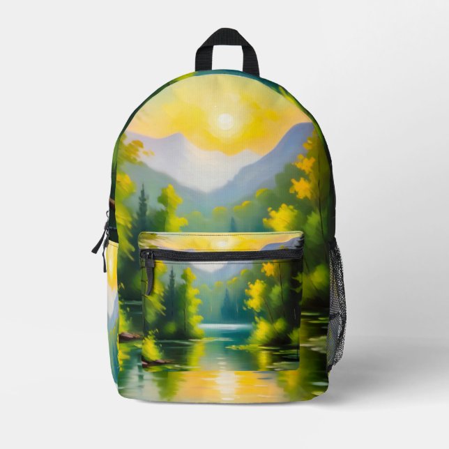 Sunrise over snow covered mountains and lake printed backpack (Front)
