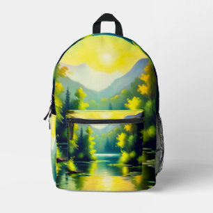 Sunrise over snow covered mountains and lake printed backpack