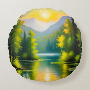 Sunrise over snow covered mountains and lake round cushion
