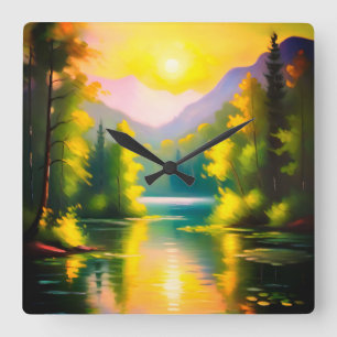 Sunrise over snow covered mountains and lake square wall clock