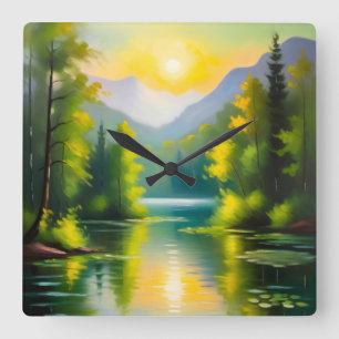 Sunrise over snow covered mountains and lake square wall clock