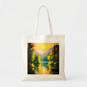 Sunrise over snow covered mountains and lake tote bag