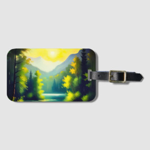 Sunrise over snow covered mountains lake luggage tag