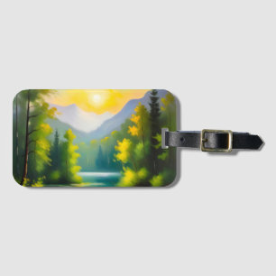 Sunrise over snow covered mountains with lake luggage tag
